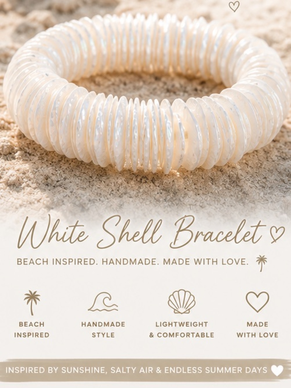 Caligirl White Shell Beach Bracelet, Stretch Bracelet, NWt